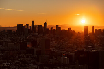 Aerial Silhouette sunrise view over Los Angeles California