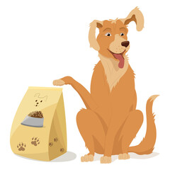 A golden retriever sits with a raised paw and ear. A pet, a bag of dog food, a large package of food for animals.  Vector illustration, cartoon, complex flat, isolated on white background