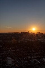 Aerial sunrise over Los Angeles city skyline America