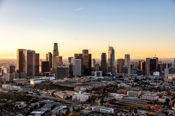Aerial sunrise of Downtown Los Angeles California USA