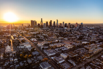 Aerial sunrise view of Urban Los Angeles skyline