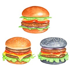 Set of burgers. Watercolor hand drawn illustration isolated on white background.