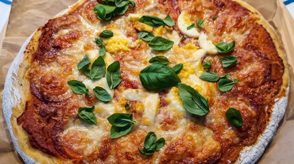 hausgemachte Salami Pizza mit Mozzarella und Basilikum auf einem Bogen Bachpapier