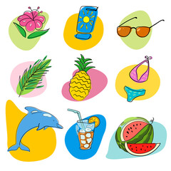 Summer labels  beach holiday elements.Set of vector icons, vacation and travel tags of sunscreen, palm leaf, tropical flower,pineapple, watermelon,dolphin,swimsuit,sunglasses,refreshing cocktail 