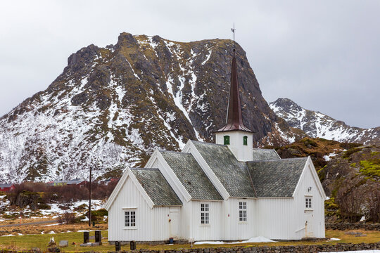Langenes Norway 02-28-2022.Wooden church at Langenes near Oksnes.  Vesteralen Islands Norway.