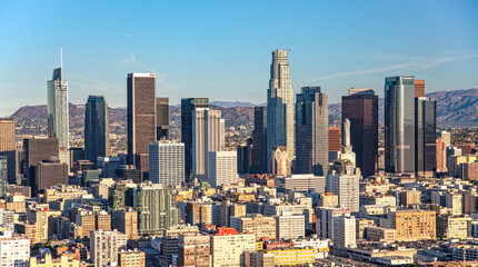 Aerial Los Angeles city skyline Southern California America