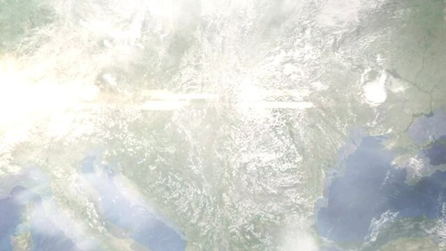 Earth zoom in from outer space to city. Zooming on Oradea, Romania. The animation continues by zoom out through clouds and atmosphere into space. Images from NASA	