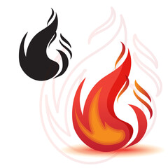 Graphic elements. Fire, flame. A set of images in color, contour, silhouette.