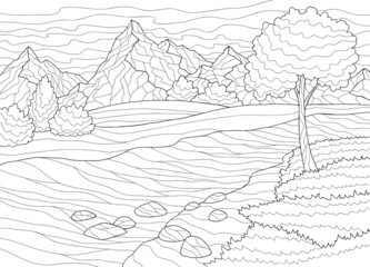 Mountain river graphic black white coloring landscape sketch illustration vector 
