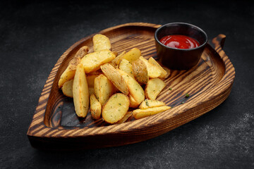 Fried potato wedges with ketchup on a wooden board