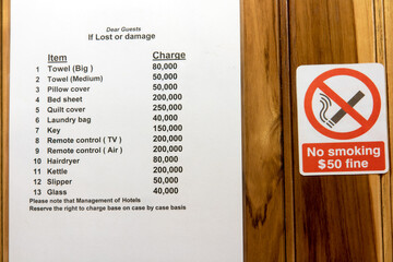List of items in a hotel room with a quoted price in case of damage or loss, warning for guests.