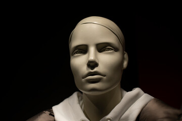 Mannequin clothes. Female figure. Girl's head is made of plastic. Style details.