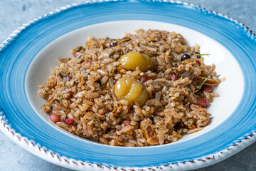 Delicious Japanese chestnut with shimeji seasoned mixed rice, also known as takikomi gohan.