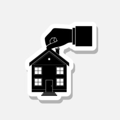 Hand giving house sticker icon isolated on white background