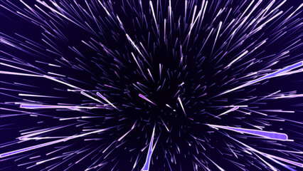 Blue hyper jump. Digital hyperspace with stars explosion. Abstract futuristic speed background. Dynamic motion lines on blue backdrop. 3D rendering.