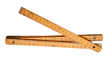 Wooden Folding rule isolated on white, old ruler, clipping path