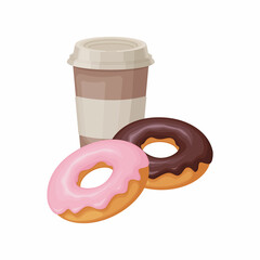 Fast food. An illustration depicting two donuts and a cup of coffee. Sweet donuts and a drink. Vector illustration isolated on a white background