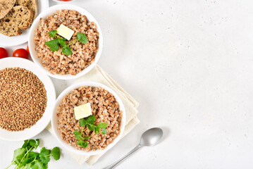 Buckwheat porridge in white bowl