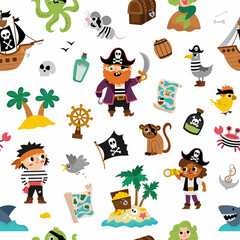 Vector pirate seamless pattern. Cute sea adventures repeat background. Treasure island digital paper with ship, captain, sailors, chest, map, parrot, monkey, map. Funny pirate party texture.