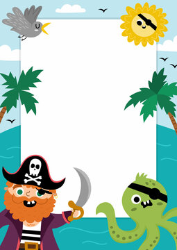 Pirate party greeting card template with cute captain, marine landscape and palm trees. Treasure island vertical poster or invitation for kids. Bright sea holiday illustration with place for text.