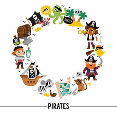Vector pirate round frame with pirates, ship and animals. Treasure island border wreath card template or marine party design for banners, invitations. Cute sea adventures illustration.
