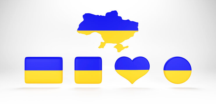 Ukraine flag. Flag of Ukraine. National symbol. Square, round and heart shape. Ukrainian flag symbol. Blue and yellow 3d illustration - Powered by Adobe