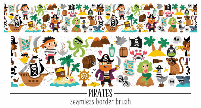 Vector pirate horizontal seamless border brush with sailors and animals. Sea adventures horizontal repeat background or treasure island design. Cute illustration with ship, octopus, mermaid.