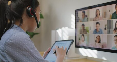 MBA college student meeting on webinar platform work remotely at home.