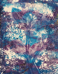 Abstract wildflower in blue and purple, monoprint artwork