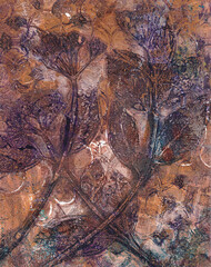 Textured abstract monoprint of wildflowers on an ochre background