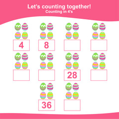 Counting the easter eggs for Preschool Children. Counting multiples of three. Educational printable math worksheet. Additional worksheet for kids. Vector illustration.