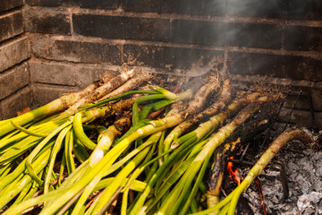 Closeup of a pile of calcots or sweet onions being cooked in the barbecue. Typical of Catalonia,...