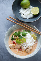 Thai red chicken curry with coconut milk and white rice, studio shot on a grey concrete background, high angle view