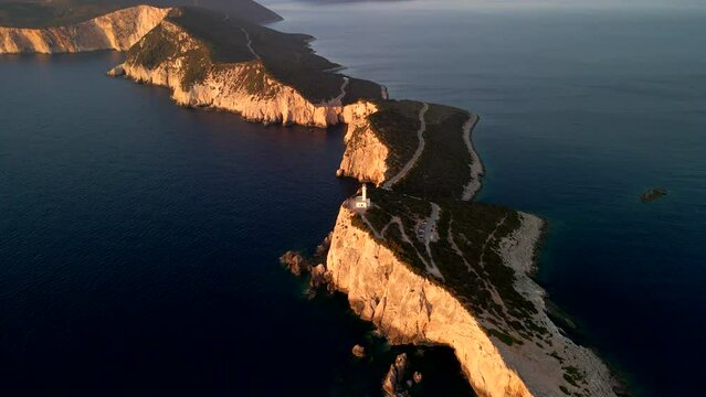 aerial view of lefkada light house at sunset