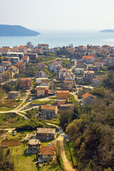 Fototapeta na wymiar Beautiful Mediterranean landscape on sunny spring day. Montenegro, Adriatic Sea. View of Bay of Kotor near Herceg Novi city. Meljine villlage