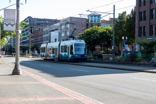 Tacoma, WA USA - circa August 2021: View of downtown Tacoma public transit making its way along its route.