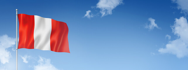 peruvian flag isolated on a blue sky. Horizontal banner