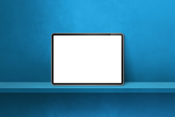 Digital tablet pc on blue wall shelf. Horizontal background banner