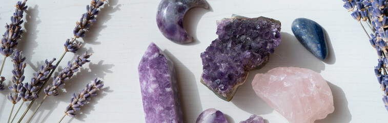 Healing crystals on brown background