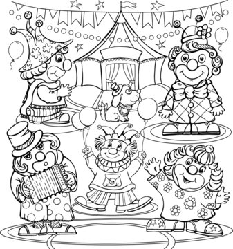 Clown black pattern, circus, outline doodle anti-stress, various poses and situations, drawing, vector, images, cartoon