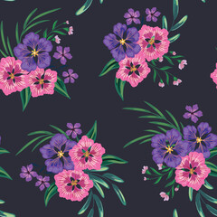 Seamless pattern, vintage floral print with tropical bouquets, exotic plants on a dark field. Elegant botanical background with hibiscus flowers, various branches, leaves. Vector.