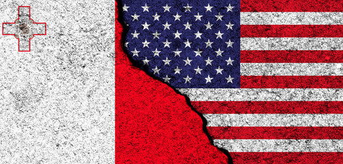USA and Malta. Flags painted on cracked concrete wall. United States, America. Partnership, relationships and conflict concept. Banner background photo