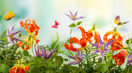Beautiful orange and violet flowers, butterflies in summer garden. Clematis and Gloriosa flowers....