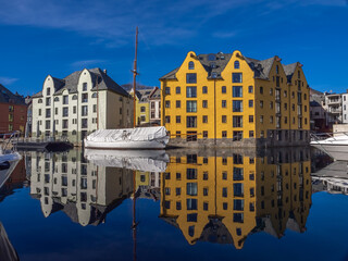 Fototapeta na wymiar Stunning historical architecture in the port city of Ålesund (Aalesund), Møre og Romsdal, Norway.