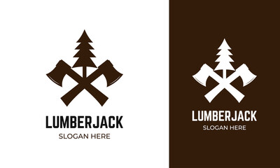 Lumberjack logo design with ax and pine tree concept 