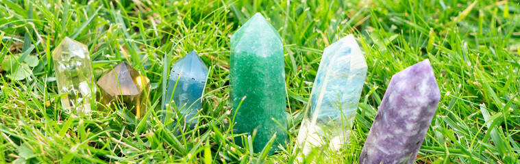 Healing crystals on brown background