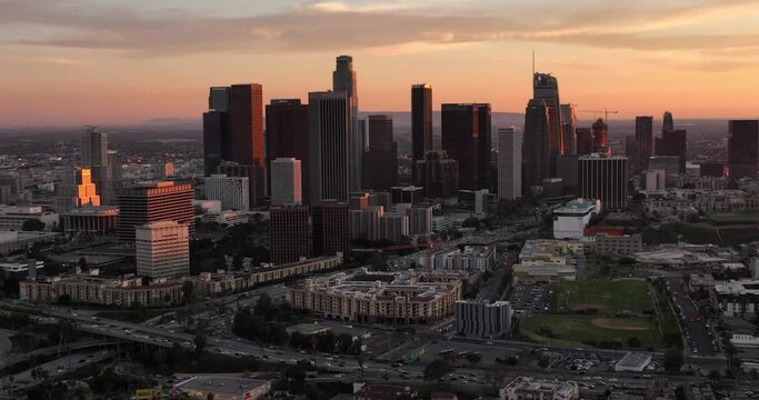 Los Angeles Downtown Cinematic Drone Footage of Top Aerial View. Los-angeles aerial view, flying with drone.