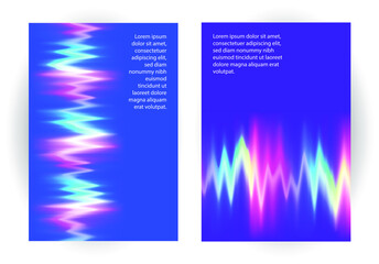 Neon music equalizer, magnetic or sonic wave techno vector cover layouts. Sound audio wave frequency flow. Neon effect rainbow waveform, sonic equalizer visual illuminated dynamic flow. Voice diagram.