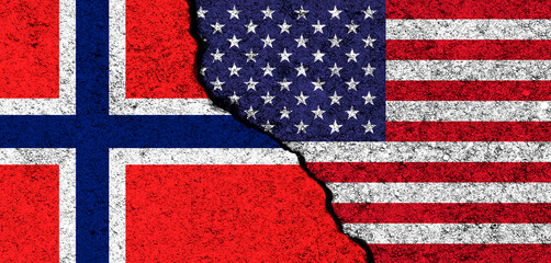USA and Norway. Flags painted on cracked concrete wall. United States, America. Partnership, relationships and conflict concept. Banner background photo