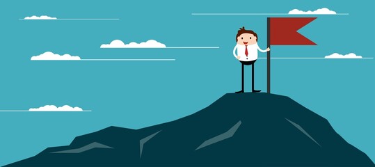 Happy Satisfied Businessman with Flag on top of the Mountain. Successful business management and leadership concept vector.